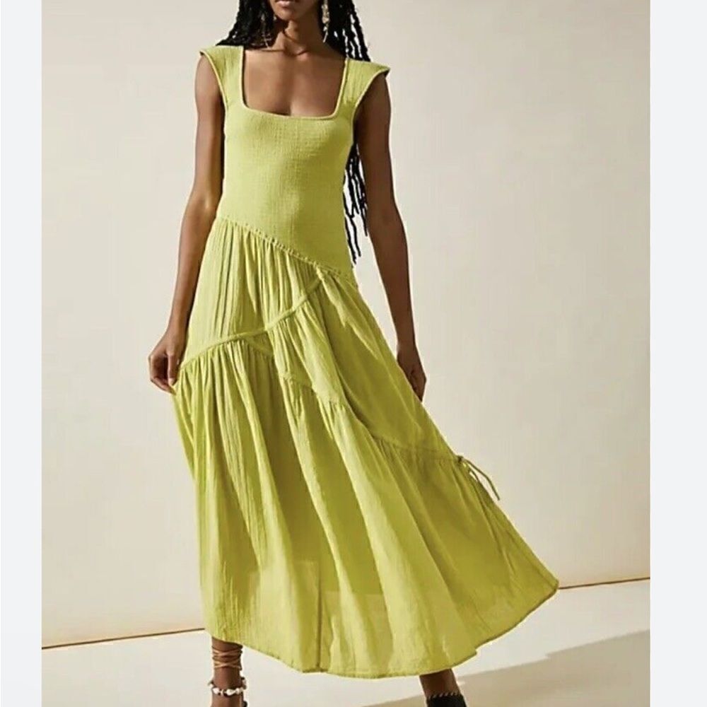 Free People Green MIDI Assymetrical Hem Dress(Size Large)
